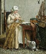 Wybrand Hendriks Interior with sewing woman. painting